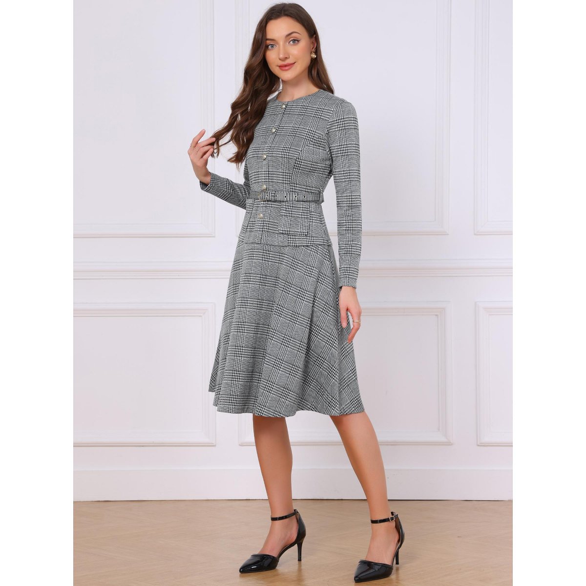 Женские платья INSPIRE CHIC Women's Vintage Long Sleeve Crew Neck A Line Houndstooth Work Belt Dress Large Black White — фото 4