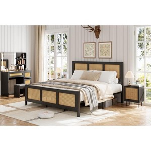 Platform Bed Frame with Cane Headboard, Boho Rattan Style, Strong Metal Slats, Noise-Free, No Box Spring Needed - 1 of 4