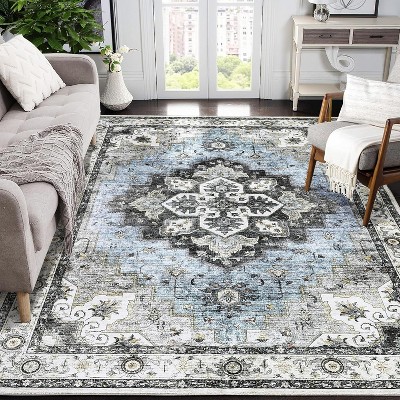 Large Vintage Medallion Rug, Low Pile Non-Slip Washable Traditional Carpet for Living Room, Bedroom, Dining Room