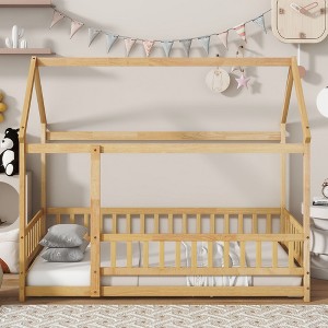 Kumasinova Twin/Full Size House Bed Frame,Toddler Floor Platform Bed with Roof Frame and Guardrails,Montessori Floor Bed for Kids,Adults,Teens - 1 of 4