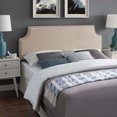 Beige Queen Upholstered Fabric Headboard with Silver Nail Trim