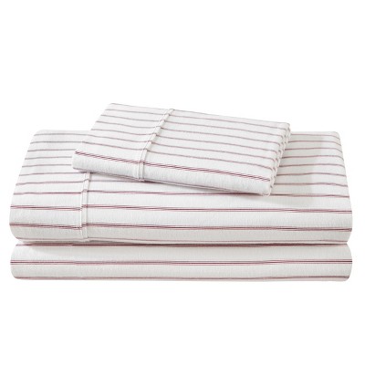 Ticking Stripe - White/burgundy Cotton Flannel Twin Xl Sheet Set By ...