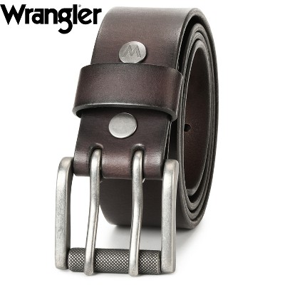 Wrangler Genuine Leather Belt for Men, 38mm Casual Belt with Removable Double-Prong Roller Buckle for Jeans, Gift for Men