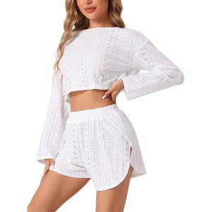 INSPIRE CHIC Women's Hollow Out Long Sleeve Tops with Shorts Outfits Pajamas Sets - 1 of 4