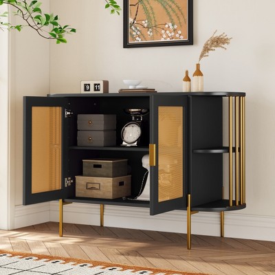 TIRAMISUBEST Black 2-Door Curved Dining Cabinet with Gold Trim & Woven Rattan - Mobile Storage for Dining Room