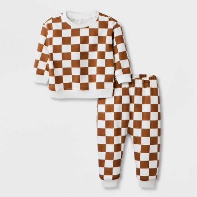 Image of Grayson Mini Baby 2pc Fleece Check Top & Bottom Set - Brown 0-3M