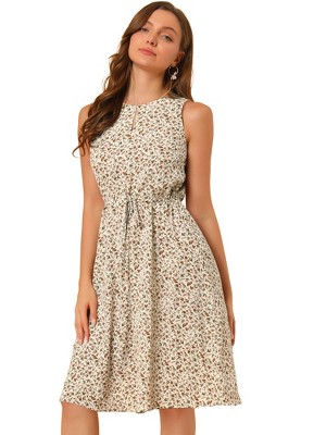 Allegra K Women's Floral Split Neck Drawstring Waist Sleeveless A-Line Summer Midi Dress