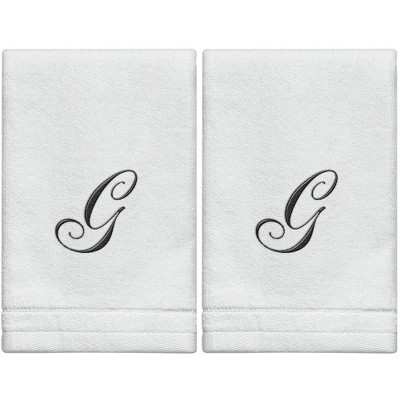 Creative Scents Set of 2 White Fingertip Monogrammed Towels, Black Embroidered
