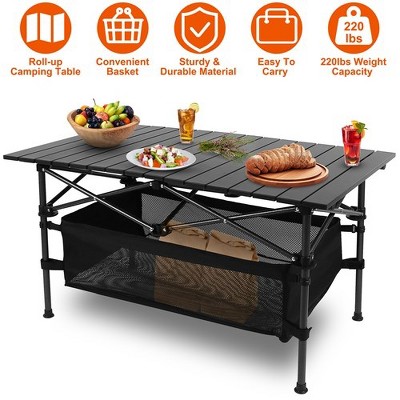 Portable Black Aluminum Folding Camping Table with Mesh Storage