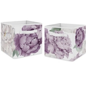 Sweet Jojo Designs Fabric Storage Bins Set Peony Floral Garden Lavender Purple and Ivory - 1 of 3