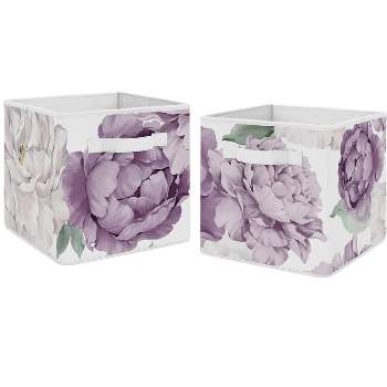 Sweet Jojo Designs Fabric Storage Bins Set Peony Floral Garden Lavender Purple and Ivory