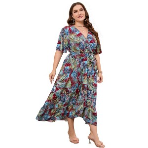 (U.S.) Plus Size Dress  Women'S V-Neck Ruffled Hem Printed Dress, Non-Compressed - 1 of 1