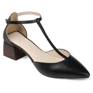 Journee Signature Womens Genuine Leather Cameela Buckle Low Stacked Heel Almond Toe Pumps - 1 of 4