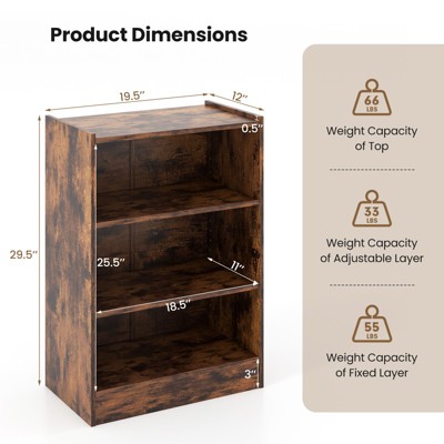 Rustic Brown 3-Tier Adjustable Wood Bookcase
