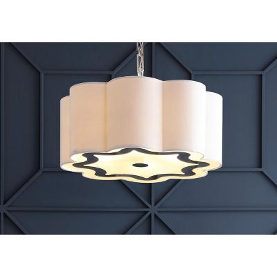 Polished Chrome 20" Drum Pendant with Scalloped Linen Shade and LED Bulbs