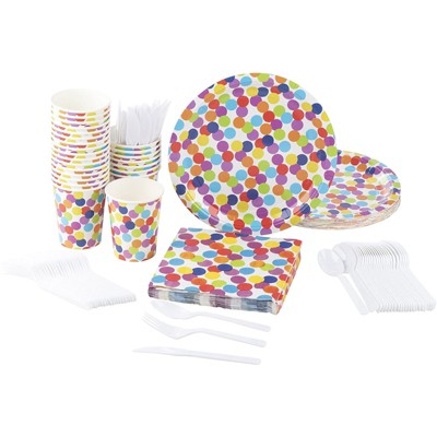 Disposable Dinnerware Set, Serves 24 Polka Dot Party Supplies for Kids Birthdays, Includes Plastic Knives, Spoons, Forks, Paper Plates, Napkins, Cups