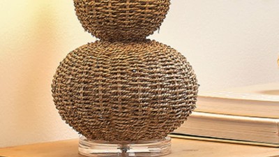 Handwoven Seagrass Table Lamp with Linen Shade and 3-Way Switch