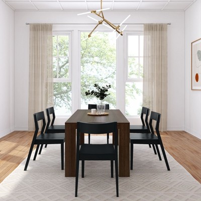 Walnut Wirebrush Solid Wood Dining Table Set with 6 Black Chairs