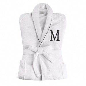 Modern Cotton Absorbent Traditional Adult Unisex Solid with Monogram Bath Robe by Blue Nile Mills - 1 of 4