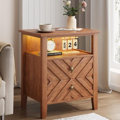 Farmhouse Nightstand with 2 Storage Drawers and Wooden Legs, Rustic Nightstand End Table with/ V-Shaped Design & Open Storage Shelf for Bedroom