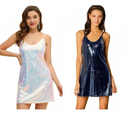 Allegra K Women's Glitter Sequin Spaghetti Strap V Neck Cocktail Sparkly Mini Dress 2 Packs