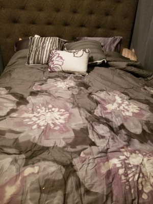 Gray/Purple Jasmine Watercolor Floral Duvet Cover Set Queen 6pc