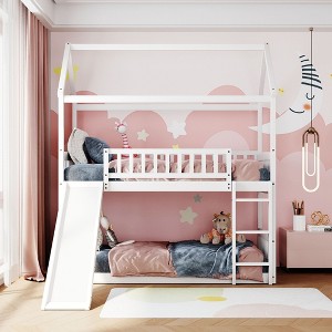 NicBex Twin Over Twin Bunk Bed with Ladder,House-Shaped Loft Bed with Guardrails and Slide for Bedroom,White/Gray - 1 of 4