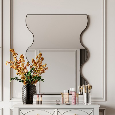 30x35 Inch Bathroom Mirror Wavy Sides Black Metal Framed Mirror Vanity Mirror Dressing Mirror,Wall Mirror for Bathroom,Living Room, Bedroom Wall Decor