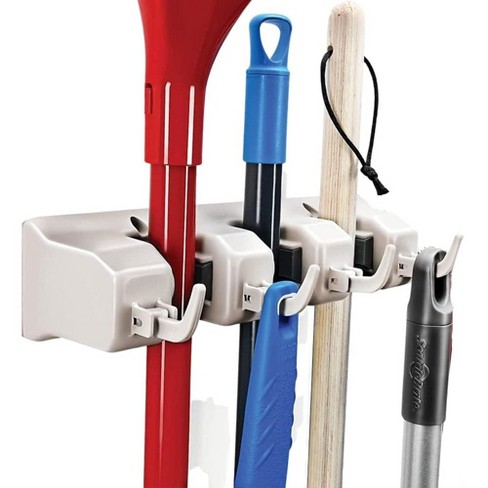 Broom and Mop Holder Rack - Garage Storage System - Garden Tool Organizer with 5 Slots, 6 Hooks, 7.5lbs Capacity per Slot Off-White - Homeitusa