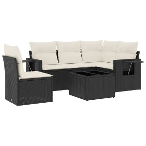 vidaXL 6 Piece Patio Sofa Set with Cushions Black Poly Rattan - Black and Cream With Table - 1 of 4