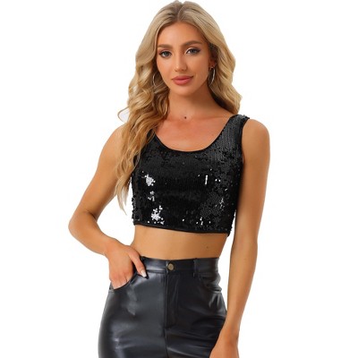 INSPIRE CHIC Women's Metallic Sequin Sparkle Sleeveless Party Crop Tank Top