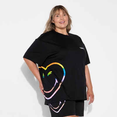 Pride Adult Smiley World Rainbow Heart Drop Shoulder Short Sleeve T-Shirt - Black