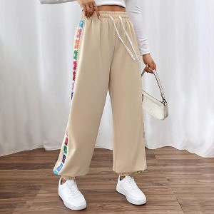 Women's Wide Leg Sweatpants Drawstring High Waisted Color Block Striped Loose Fit Active Pants - 1 of 4