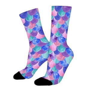 Pink Purple Blue Teal Watercolor Mermaid Scales Women Printed Crew Socks Funny Funky Socks Soft Polyester Novelty Gifts for Artists Men - 1 of 1