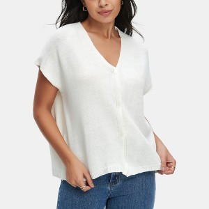 Knit & Lounge Women’s Button Front Cap Sleeve Sweater Top Relaxed Fit V-Neckline Lightweight Knit - 1 of 4