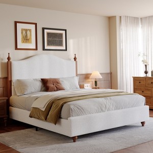 Bed Frame with High Headboard, Upholstered Teddy Velvet Platform Bedframe,Solid Wood Bedframe - 1 of 4