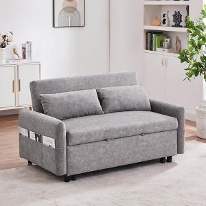 TinyHomie 55.1" Pull Out Sleep Sofa Bed Loveseats Sofa Couch with Adjsutable Backrest, Storage Pockets, 2 Soft Pillows, USB Ports - 1 of 4