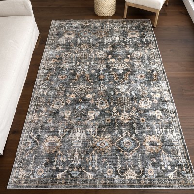 Black and Charcoal Medallion Washable Synthetic Area Rug 8' x 10'