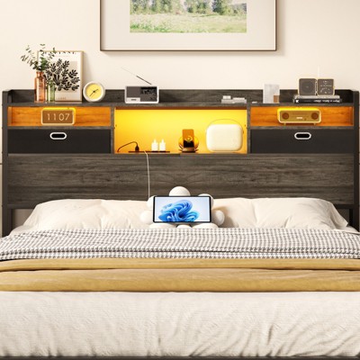 Aheaplus Storage Headboard with Power Outlet and RGB LED Lights, Head Board with Fabric Drawers