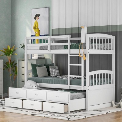 Streamdale Twin over Twin Wood Bunk Bed with Trundle and Drawers, White