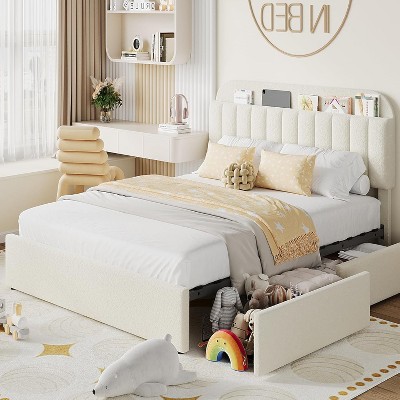 Kids Boucle Upholstered Bed Frame with Bookcase Headboard and 2 Storage Drawers, Noise-Free Platform Bed