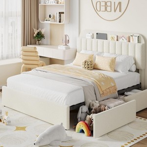 Kids Boucle Upholstered Bed Frame with Bookcase Headboard and 2 Storage Drawers, Noise-Free Platform Bed - 1 of 4
