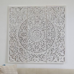 Set of 3 Wooden Floral Handmade Intricately Carved Wall Decors with Mandala Design White - Olivia & May - 1 of 4