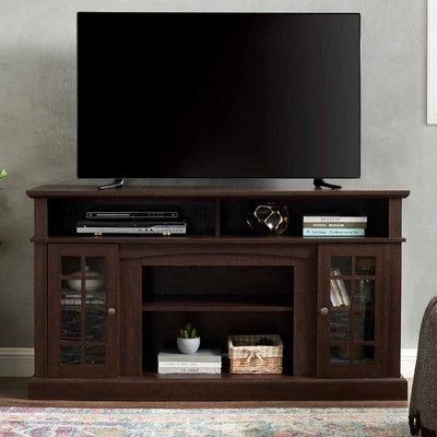 QingMoon TV Stand, Entertainment Center with 2 Glass Doors and Adjustable Shelves, Modern Farmhouse Wood Media Console Table for Living Room, Bedroom