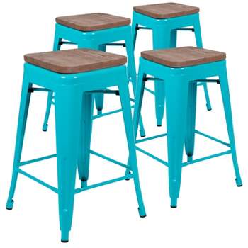 Merrick Lane 24 Inch Tall Stackable Metal Bar Counter Stool With Textured Elm Wood Seat In Set Of 4