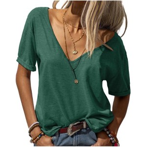 Imily Bela Womens T Shirt Deep V Neck Short Sleeve Casual Fit Basic Fashion Top - 1 of 4