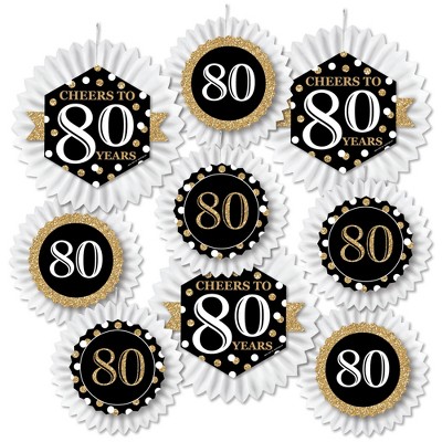Big Dot of Happiness Adult 80th Birthday - Gold - Hanging Birthday Party Tissue Decoration Kit - Paper Fans - Set of 9