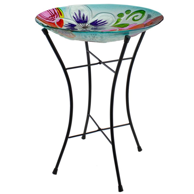 Northlight 21” White and Blue Hand Painted Floral Glass Outdoor Patio Birdbath, 3 of 6