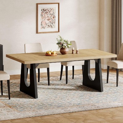 Okak Modern Large Rectangular Dining Table with Wood Pedestal Base,Minimalist Kitchen Dinner Table for Dining Room,Family Meals
