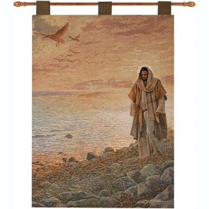 Manual Woodworkers and Weavers "In the World But Not of the World" Wall Hanging, 26" x 36" , Woven Cotton Tapestry with Finial Rod - 1 of 3